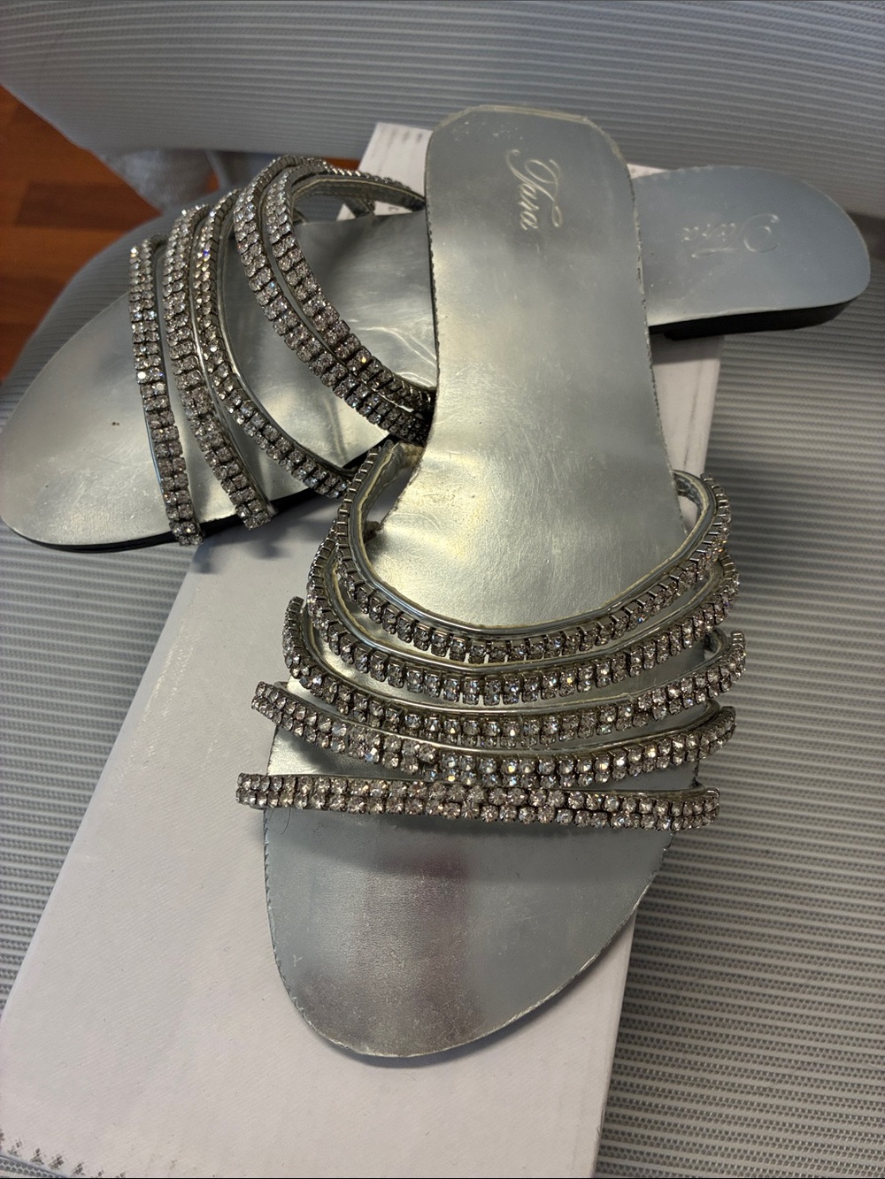 Silver Embellished Rhinestone Slide Sandals